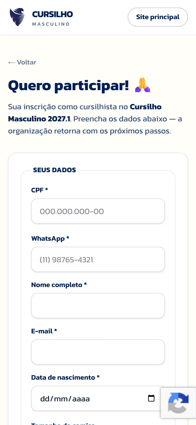 Inscrição do Cursilho no celular